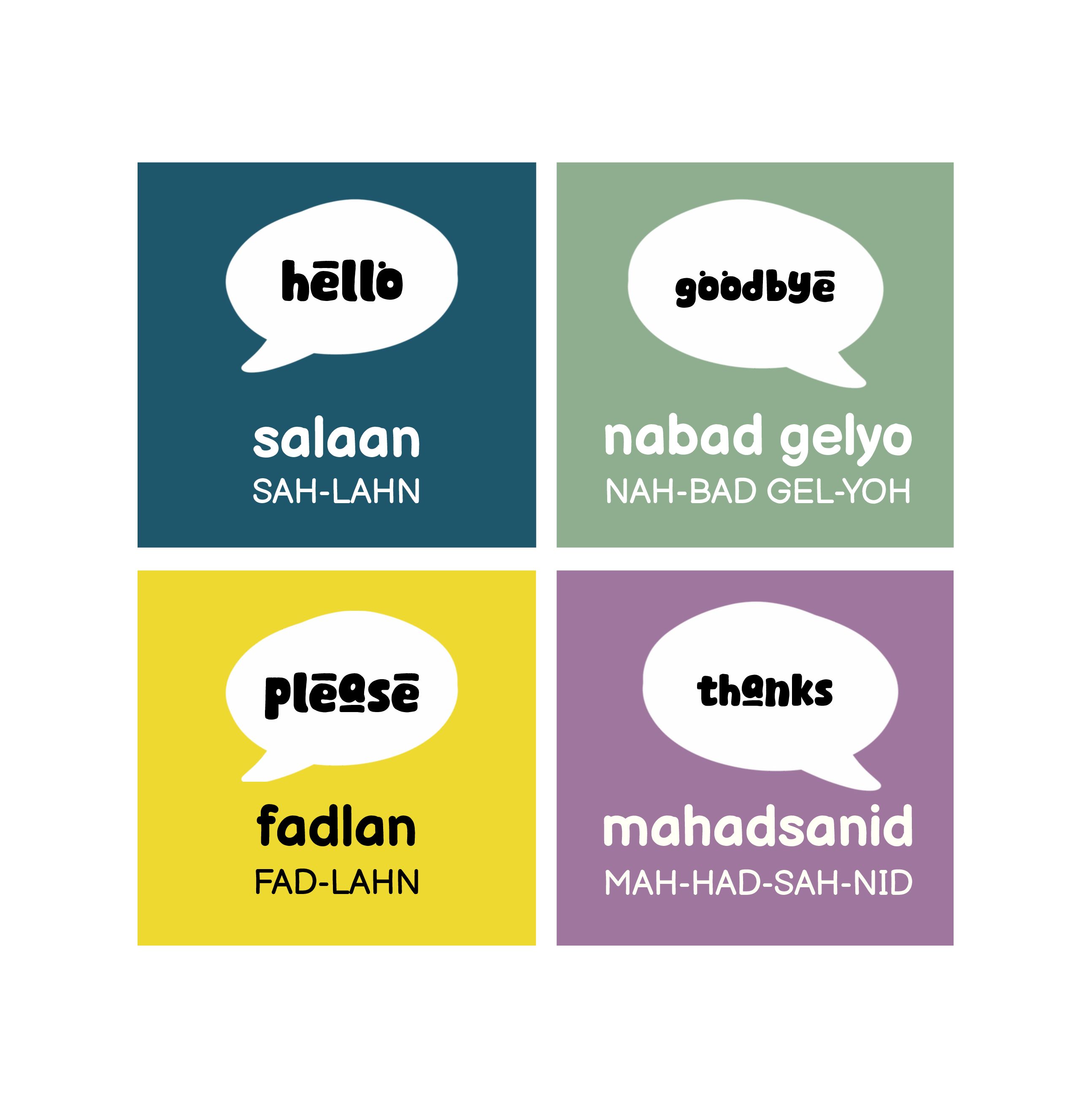 Complete Somali first-words unit: HELLO!, GOODBYE!, PLEASE, THANKS!. Original target-language spellings and pronunciation are shown on the cards.