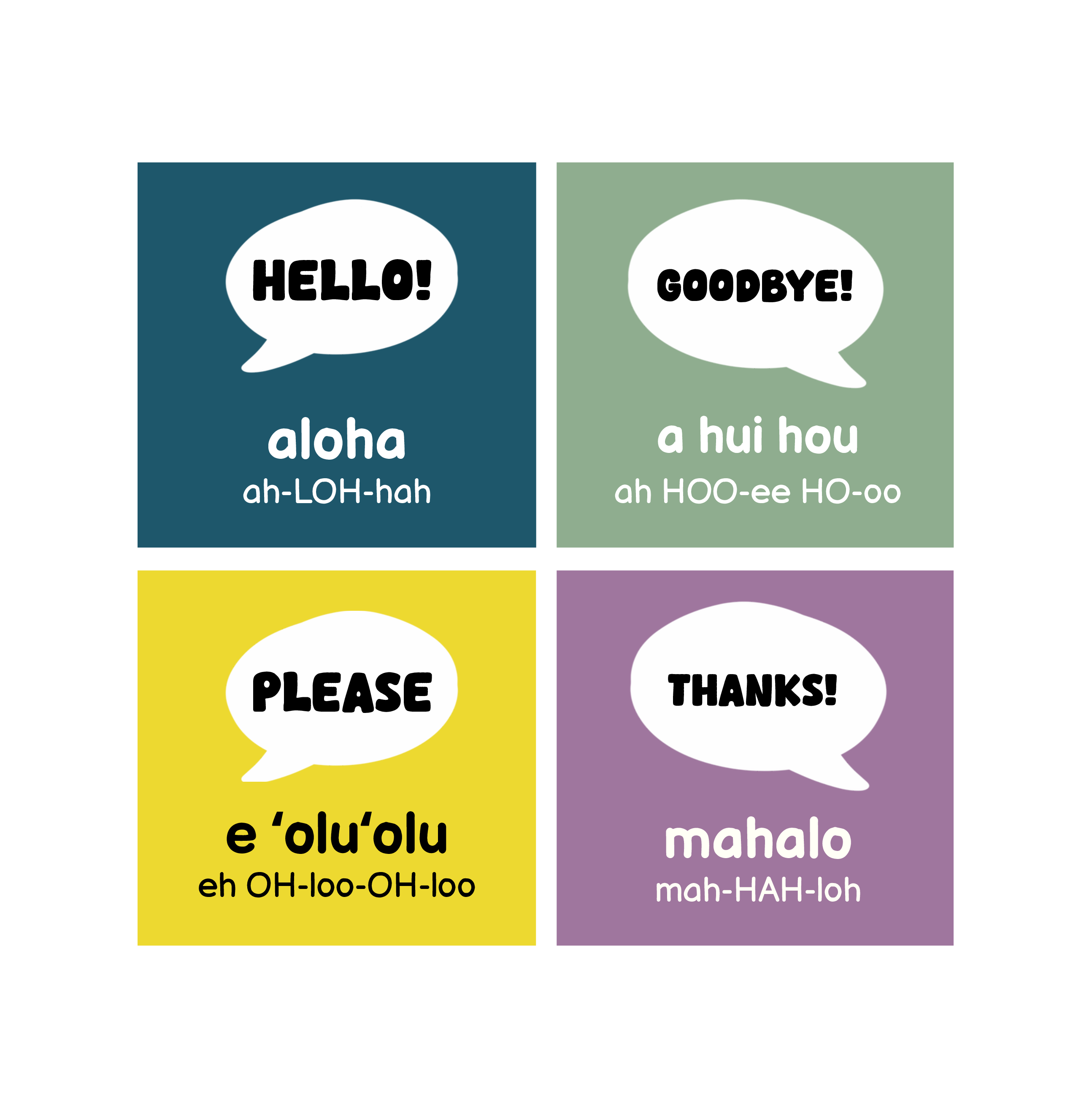 Complete Hawaiian first-words unit: HELLO!, GOODBYE!, PLEASE, THANKS!. Original target-language spellings and pronunciation are shown on the cards.