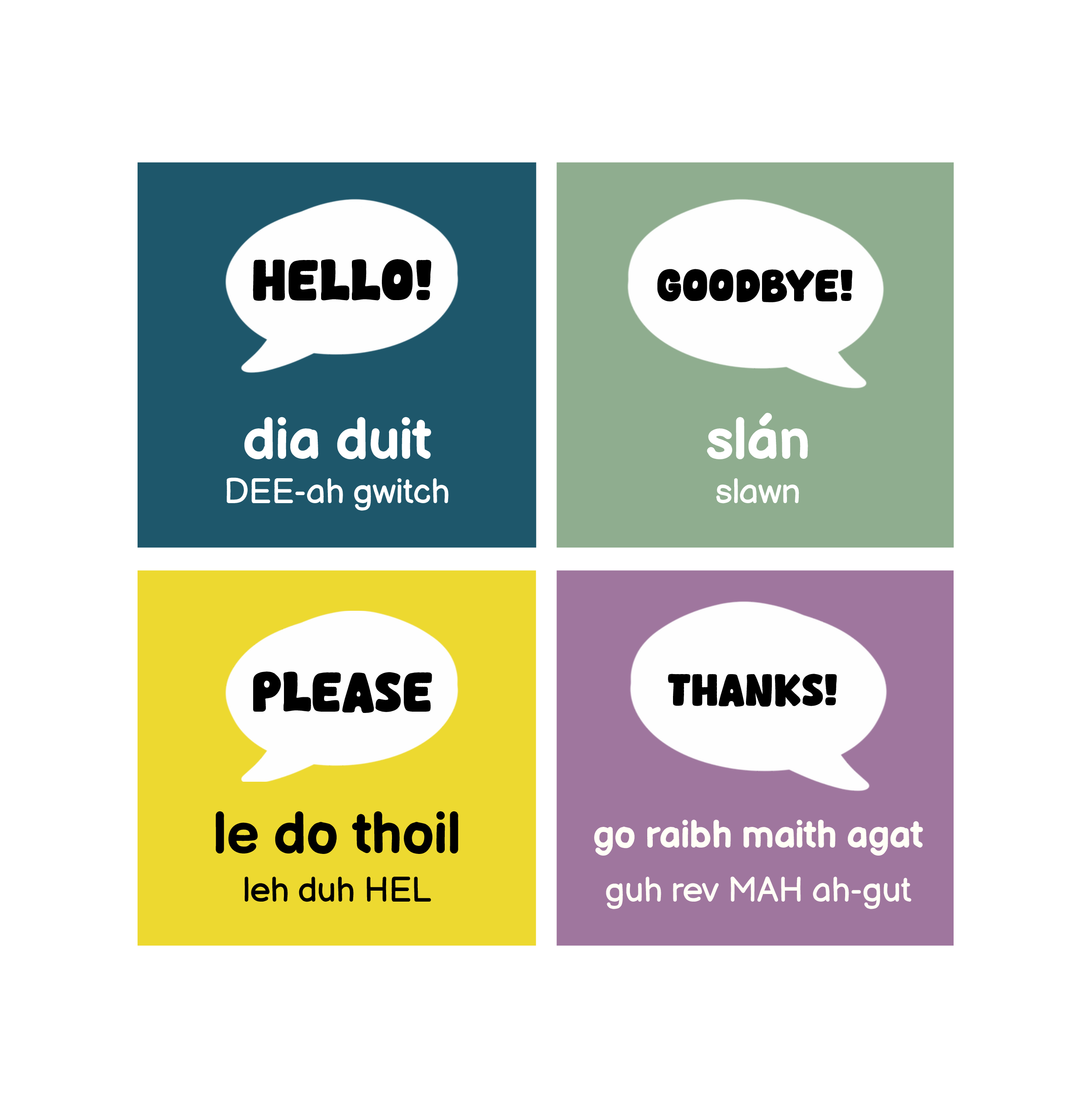 Complete Irish Gaelic first-words unit: HELLO!, GOODBYE!, PLEASE, THANKS!. Original target-language spellings and pronunciation are shown on the cards.