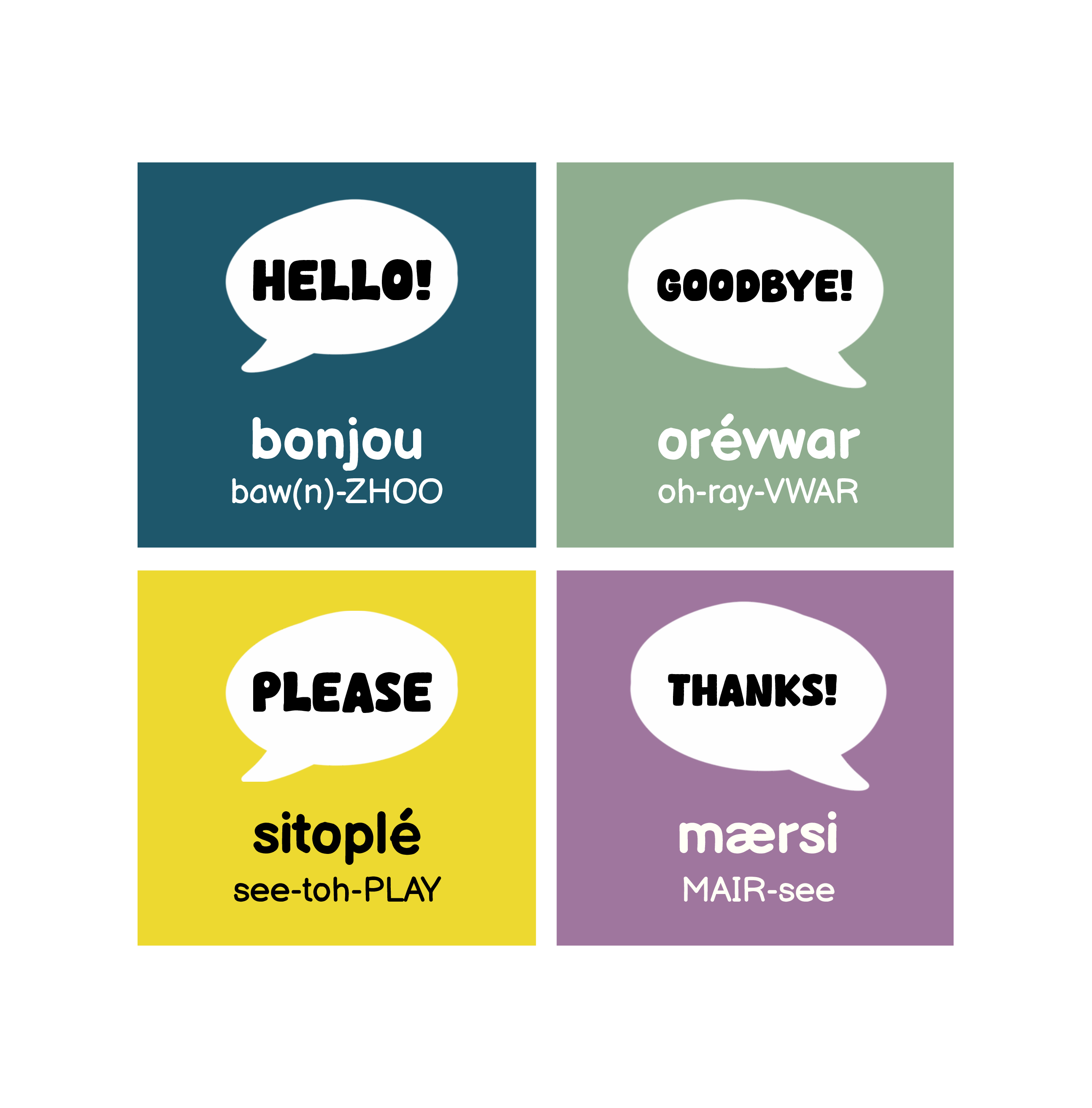 Complete Louisiana Creole first-words unit: HELLO!, GOODBYE!, PLEASE, THANKS!. Original target-language spellings and pronunciation are shown on the cards.