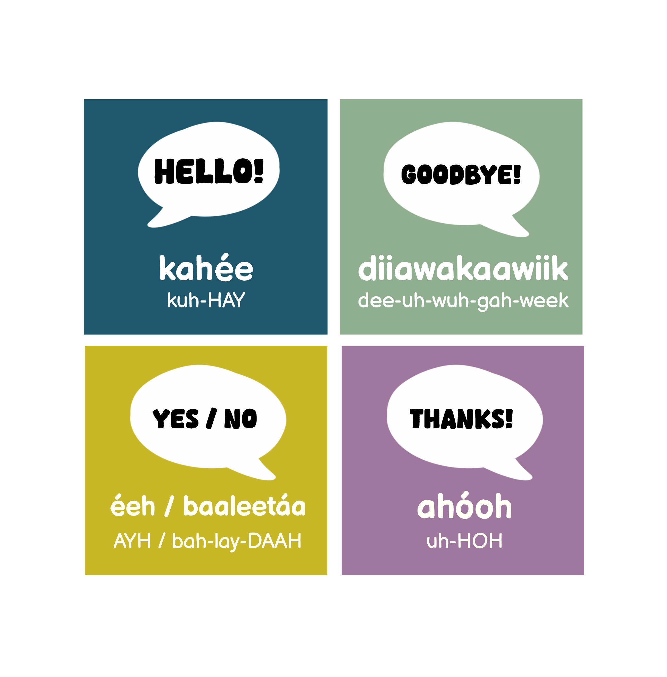 Complete Crow first-words unit: HELLO!, GOODBYE!, YES / NO, THANKS!. Original target-language spellings and pronunciation are shown on the cards.