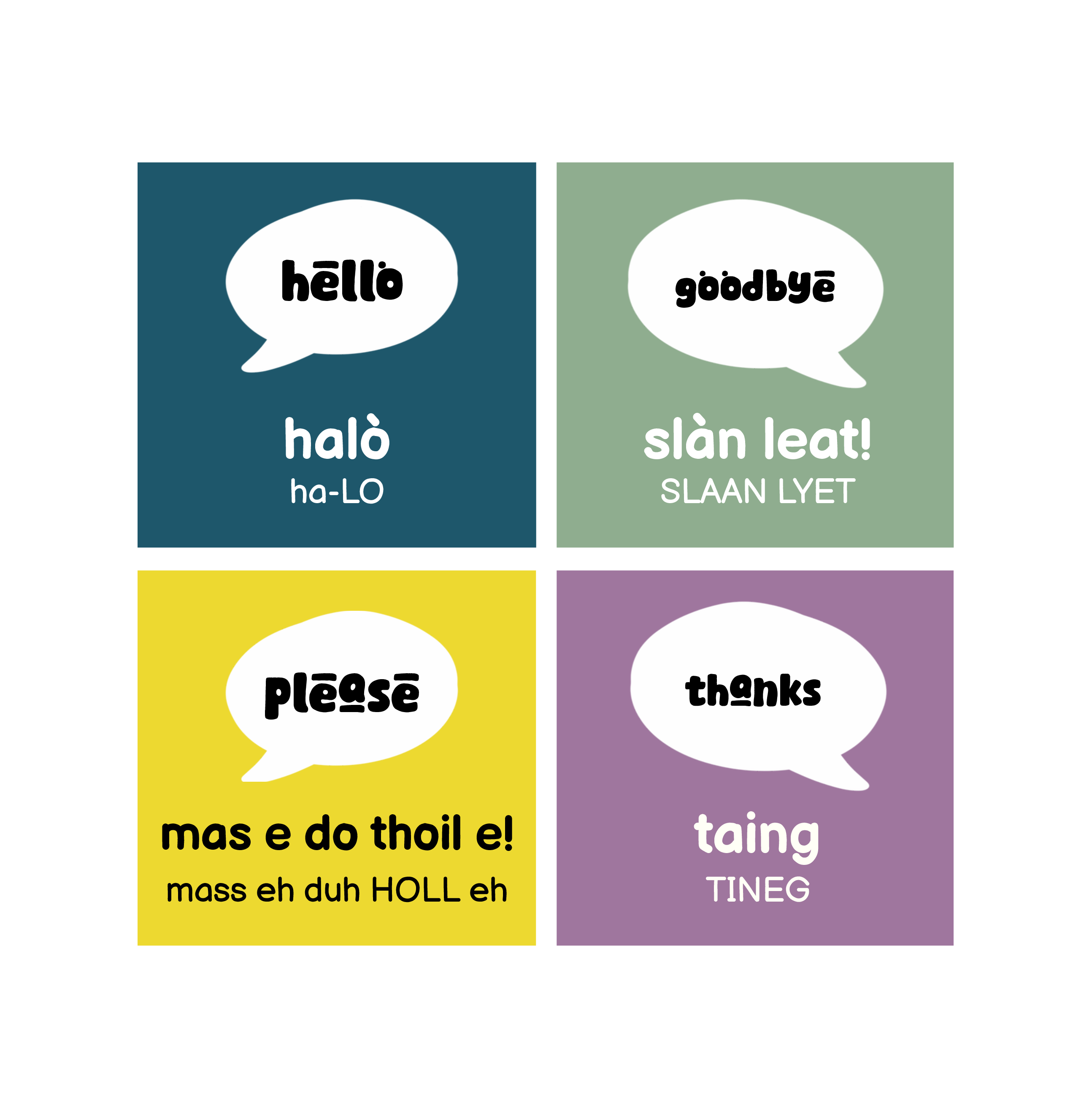 Complete Scottish Gaelic first-words unit: HELLO!, GOODBYE!, PLEASE, THANKS!. Original target-language spellings and pronunciation are shown on the cards.