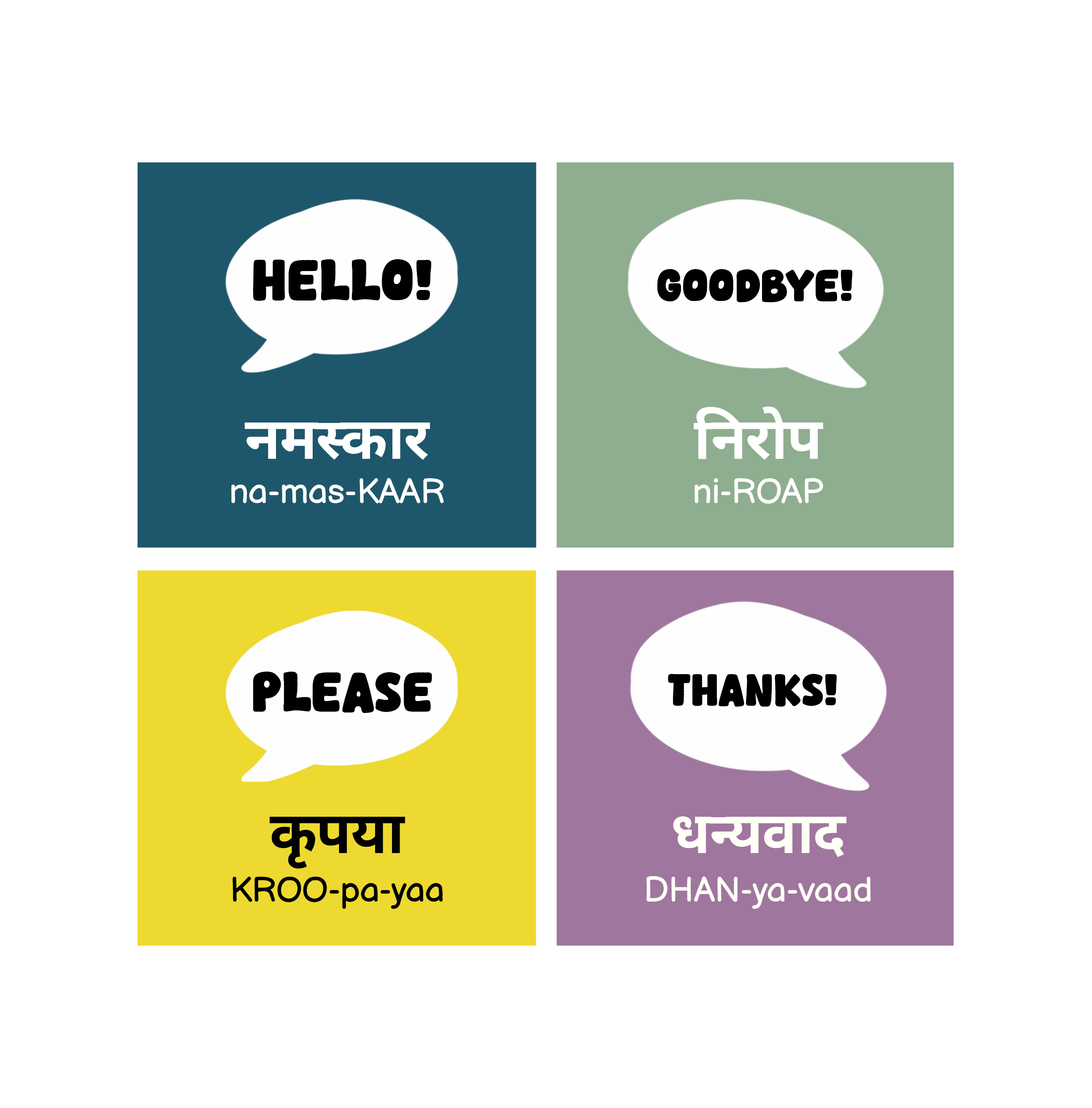 Complete Marathi first-words unit: HELLO!, GOODBYE!, PLEASE, THANKS!. Original target-language spellings and pronunciation are shown on the cards.