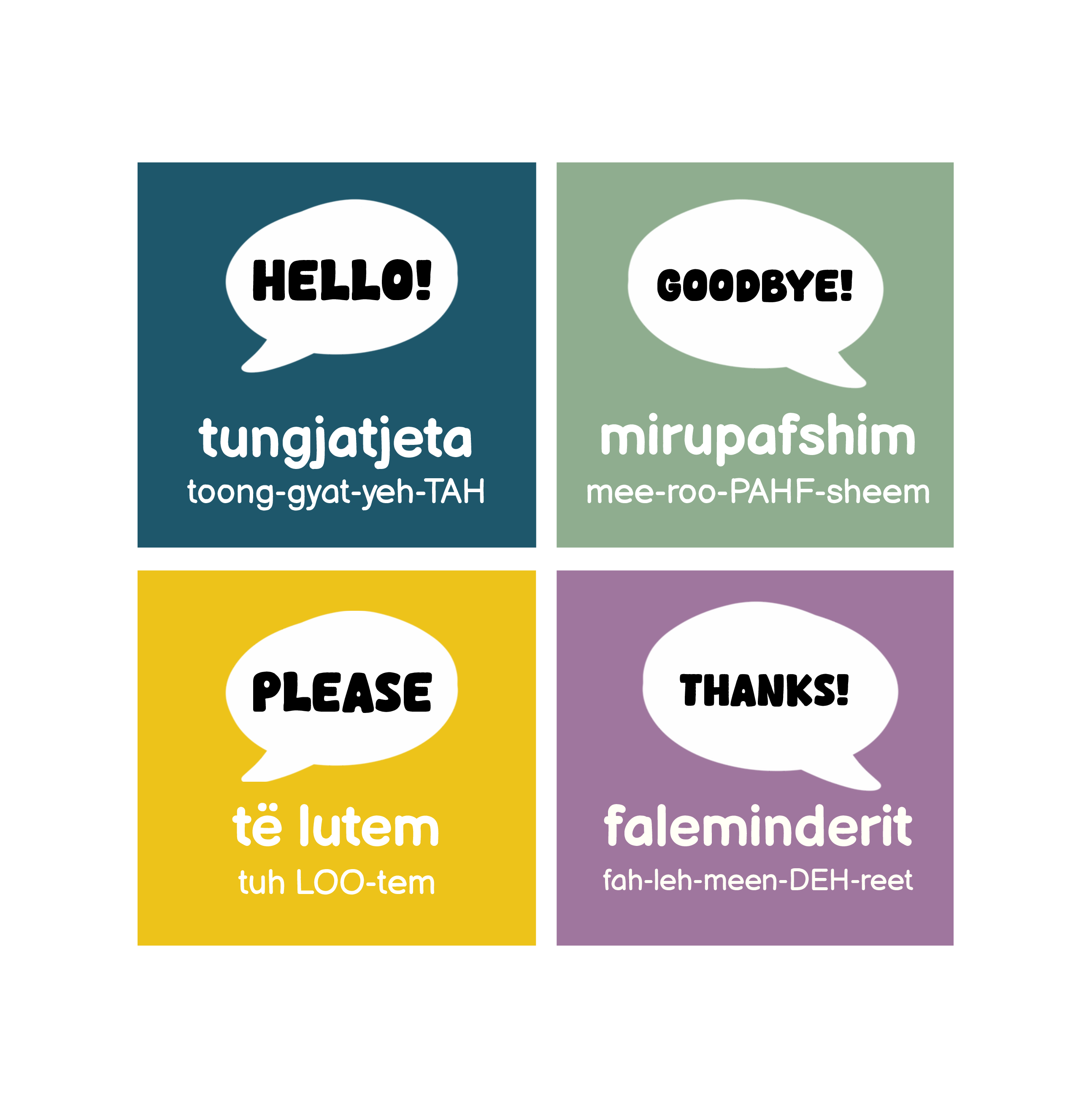 Complete Albanian first-words unit: HELLO!, GOODBYE!, PLEASE, THANKS!. Original target-language spellings and pronunciation are shown on the cards.