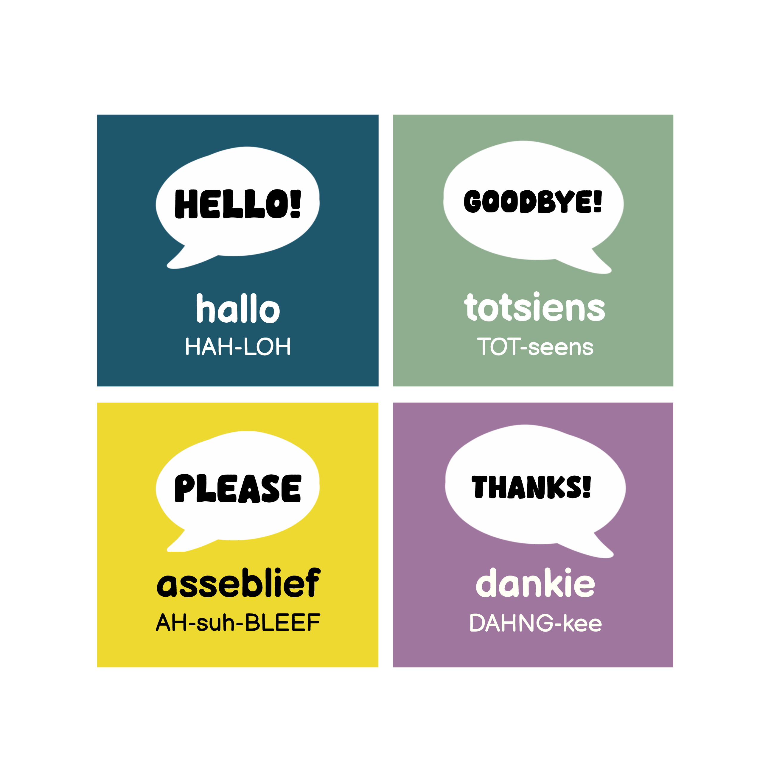 Complete Afrikaans first-words unit: HELLO!, GOODBYE!, PLEASE, THANKS!. Original target-language spellings and pronunciation are shown on the cards.
