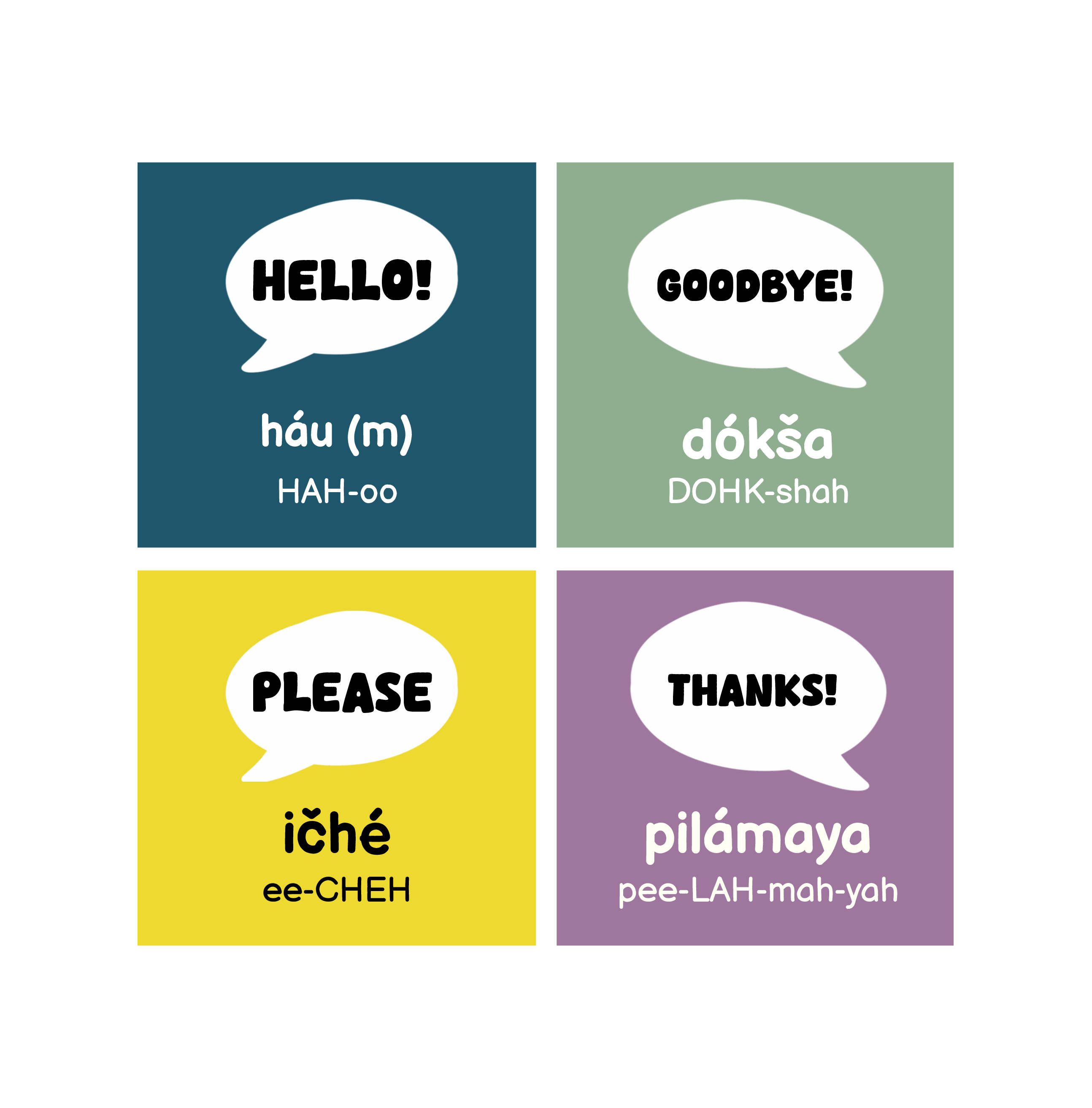 Complete Lakota Language first-words unit: HELLO!, GOODBYE!, PLEASE, THANKS!. Original target-language spellings and pronunciation are shown on the cards.