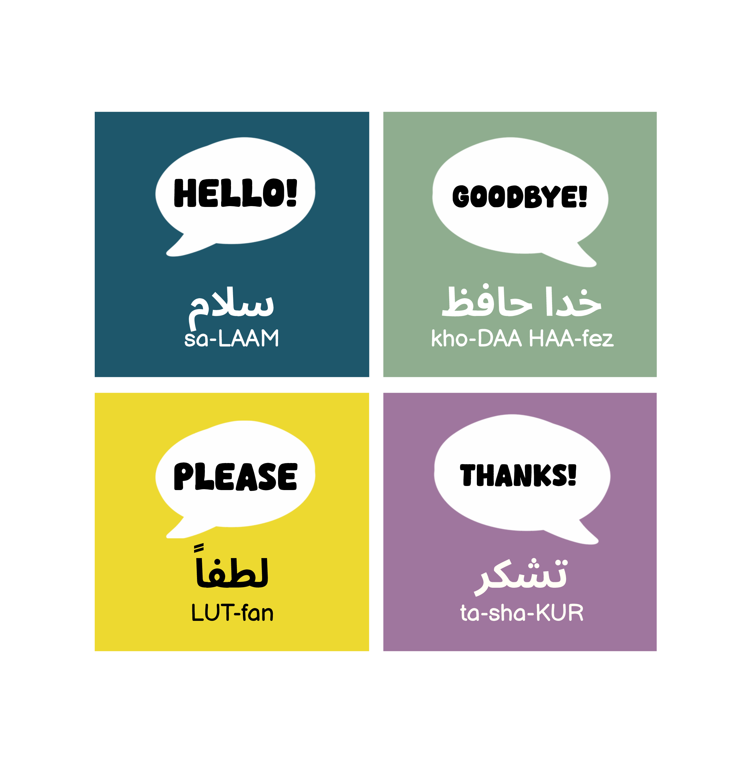 Complete Dari first-words unit: HELLO!, GOODBYE!, PLEASE, THANKS!. Original target-language spellings and pronunciation are shown on the cards.