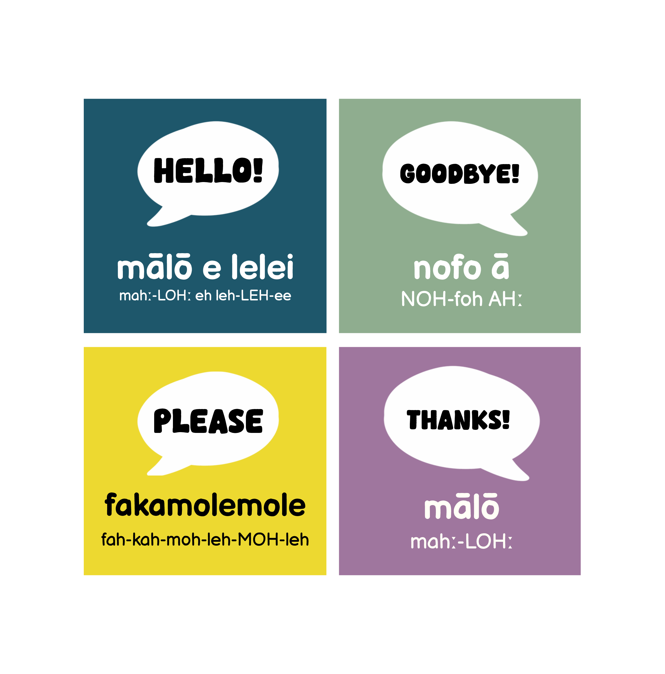 Complete Tongan first-words unit: HELLO!, GOODBYE!, PLEASE, THANKS!. Original target-language spellings and pronunciation are shown on the cards.