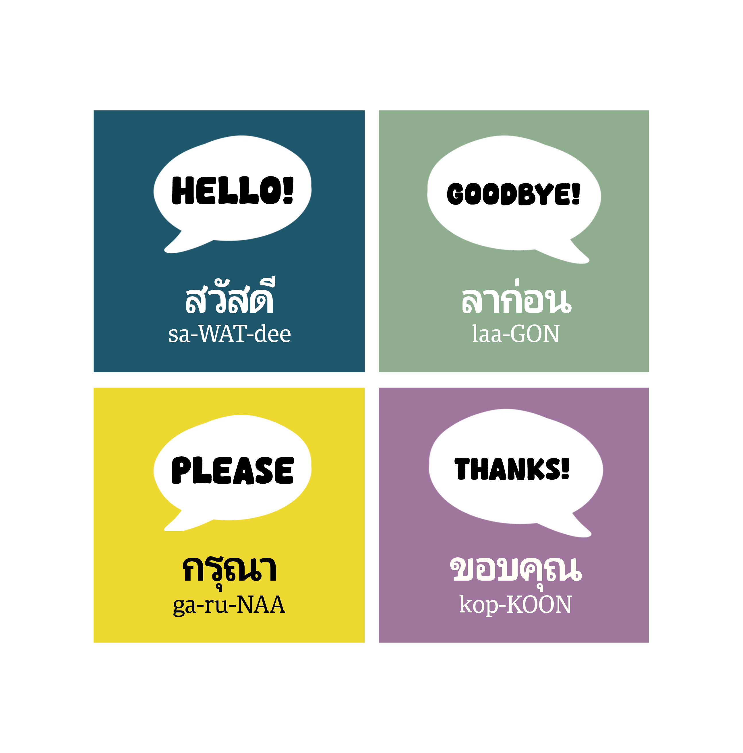 Complete Thai first-words unit: HELLO!, GOODBYE!, PLEASE, THANKS!. Original target-language spellings and pronunciation are shown on the cards.